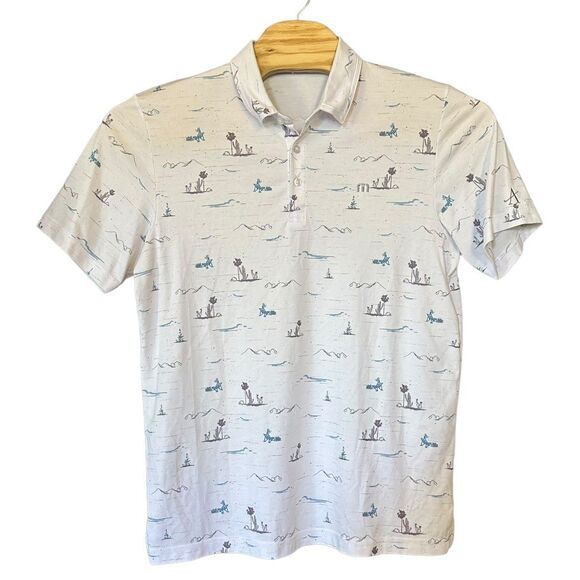 Travis Mathew Other - Travis Mathew White Blue Desert Camping Print Performance Golf Polo Men L *LOGO*